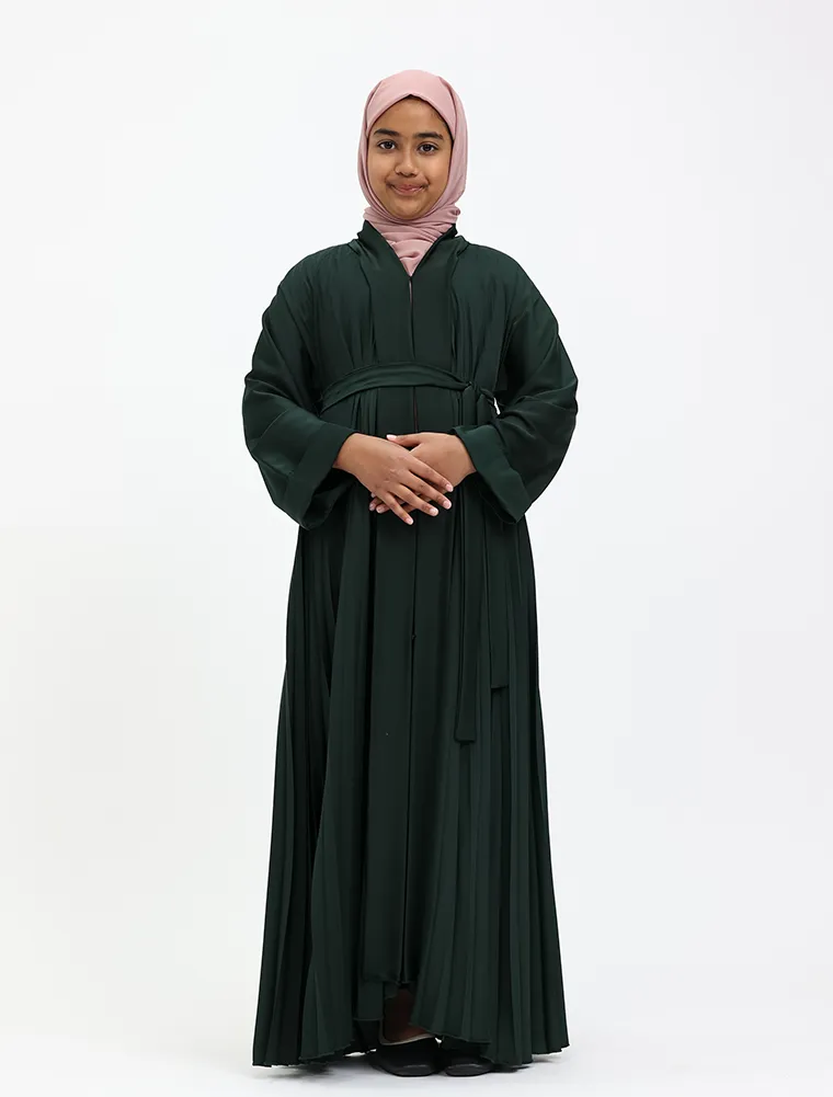 Girls Green Pleated Silhouette Abaya